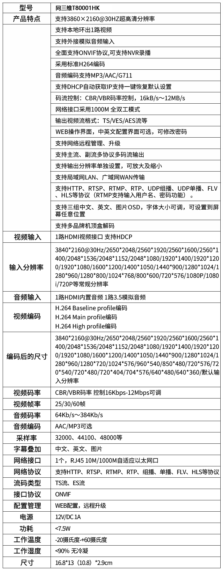 T80001HK超高清4K編碼器HDMI帶環(huán)出和外置音頻H.264編碼產品參數